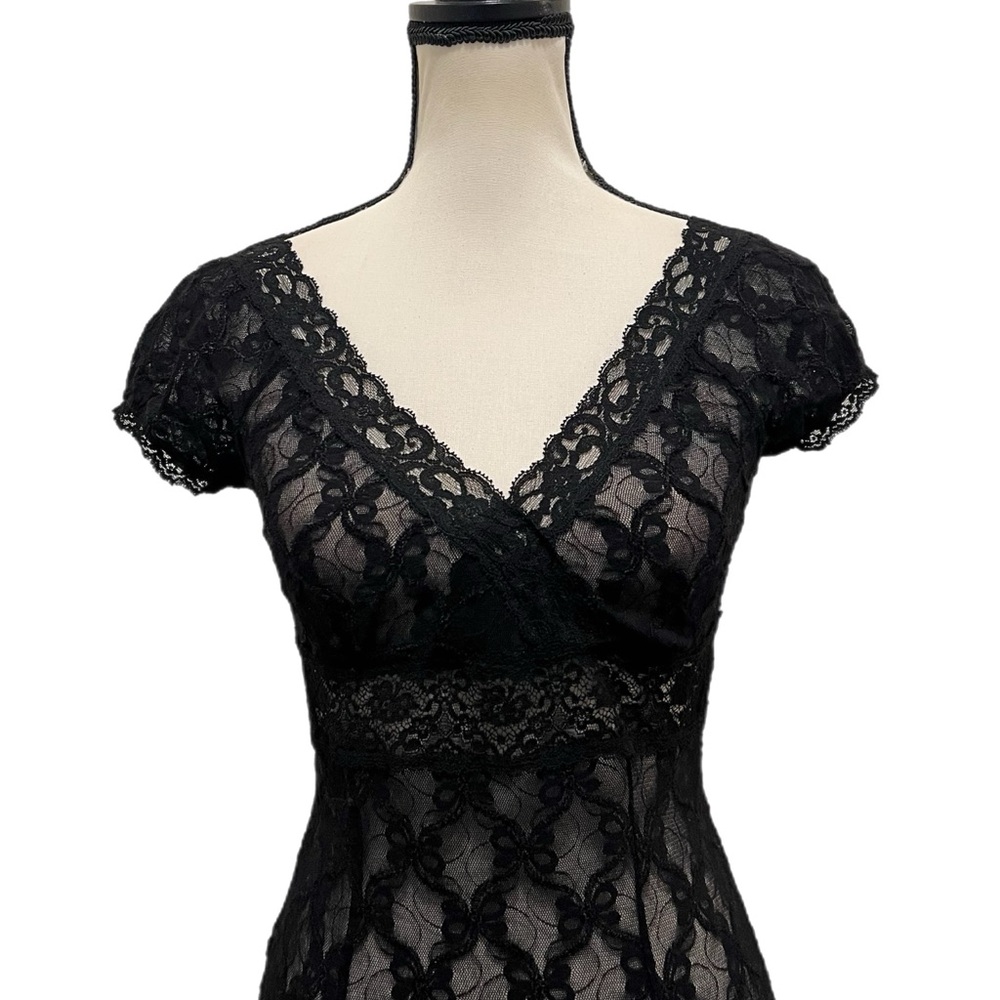 Vintage Betsey Johnson New York Black Silk Sheer Mesh Bows & Floral Lace Dress - Picture 3 of 11